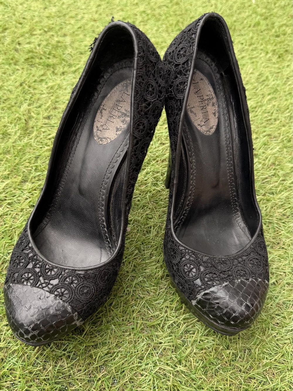 La Perla Black Lace & Python-Textured Platform Pumps